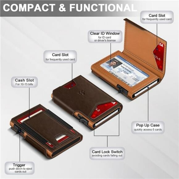 Slim RFID Blocking Wallet for Men Pop Up Card Holder Bifold Metal Credit Case - Picture 5 of 7